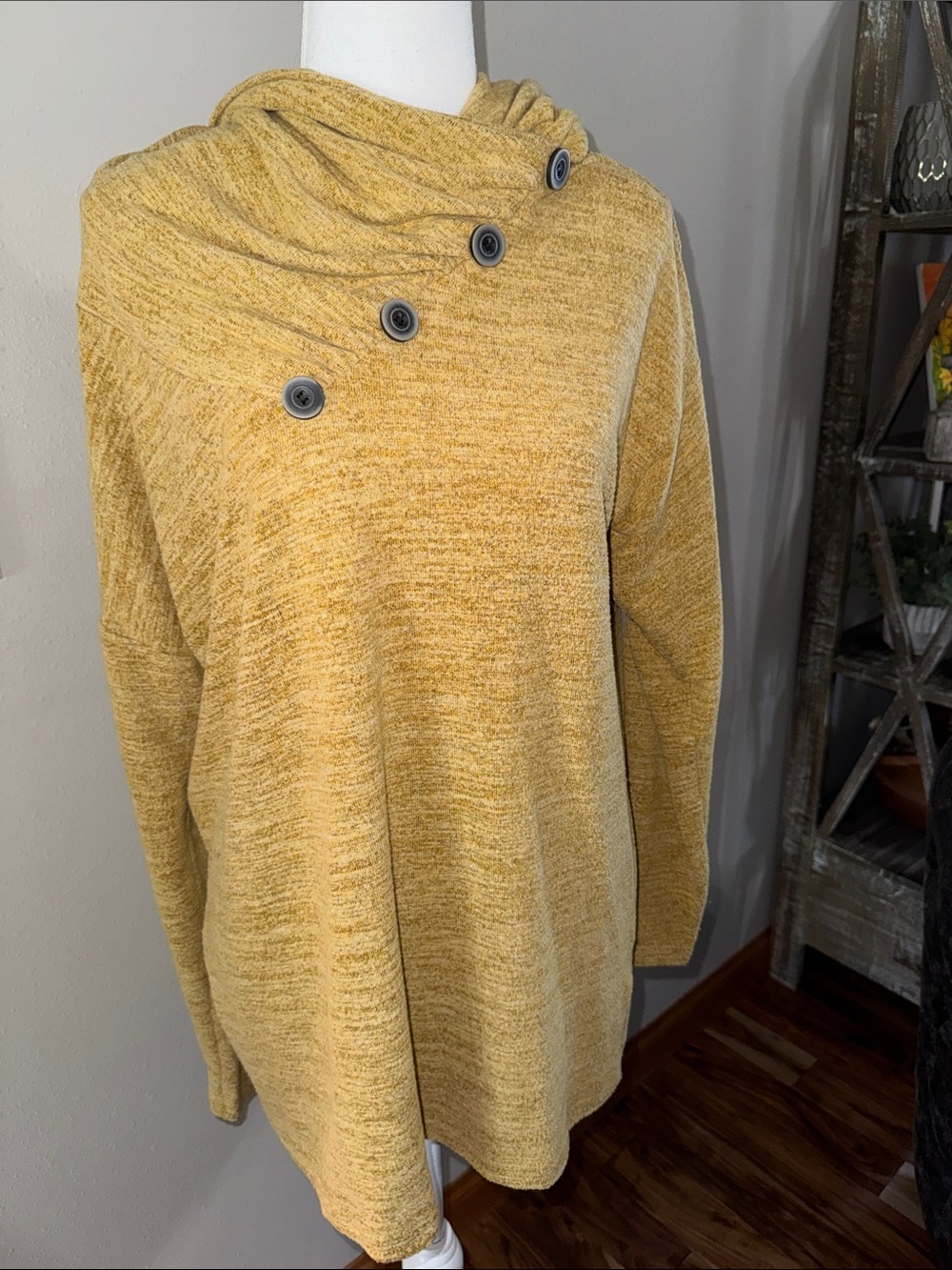 Women’s Button-Detail Mustard Yellow Cowl-Neck Tunic Sweater - Large